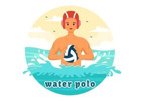 Water Polo Sport Vector Illustration with Player Playing to Throw the Ball on the Opponent's Goal in the Swimming Pool in Flat Cartoon Background