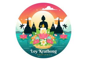 Loy Krathong Vector Illustration of Festival Celebration in Thailand with Lanterns and Krathongs Floating on Water Design in Flat Cartoon Background