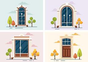 casa arquitectura vector ilustración con puertas y ventanas varios formas, colores y tamaños en plano dibujos animados antecedentes