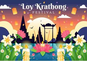 Loy Krathong Vector Illustration of Festival Celebration in Thailand with Lanterns and Krathongs Floating on Water Design in Flat Cartoon Background