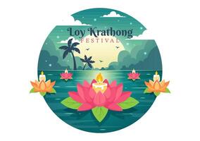 Loy Krathong Vector Illustration of Festival Celebration in Thailand with Lanterns and Krathongs Floating on Water Design in Flat Cartoon Background