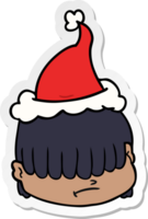 hand drawn sticker cartoon of a face with hair over eyes wearing santa hat png
