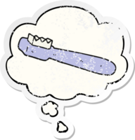 cartoon toothbrush with thought bubble as a distressed worn sticker png