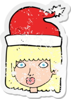 retro distressed sticker of a cartoon woman wearing santa hat png
