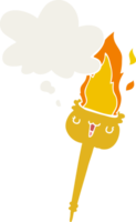 cartoon flaming torch with thought bubble in retro style png