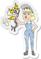 retro distressed sticker of a cartoon electrician woman png