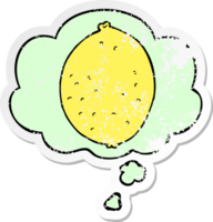 cartoon lemon with thought bubble as a distressed worn sticker png