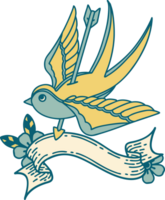 traditional tattoo with banner of a swallow pierced by arrow png