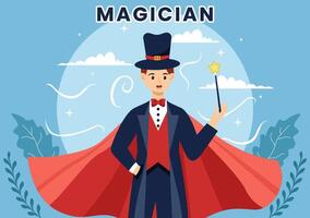 Magician Vector Illustration with Illusionist Conjuring Tricks and Waving a Magic Wand above his Mysterious Hat on a Stage in Flat Cartoon Background