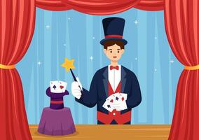 Magician Vector Illustration with Illusionist Conjuring Tricks and Waving a Magic Wand above his Mysterious Hat on a Stage in Flat Cartoon Background