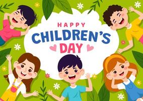 Happy Children's Day Vector Illustration with Kids Togetherness in Children Celebration Cartoon Bright Sky Blue Background and Green Field Design