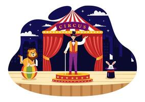 circo vector ilustración con espectáculo de gimnasta, mago, animal león tigre, anfitrión, artista, payasos y diversión parque en plano dibujos animados antecedentes