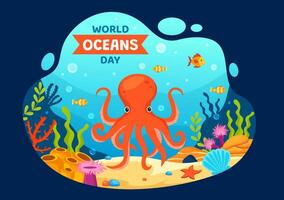 World Oceans Day Vector Illustration to Help Protect and Conserve Ocean, Fish, Ecosystem or Sea Plants in Flat Cartoon Background Design