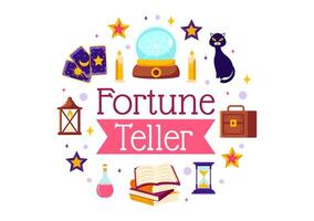 Fortune Teller Vector Illustration with Crystal Ball, Magic Book or Tarot for Predicts Fate and Telling the Future Concept in Flat Cartoon Background