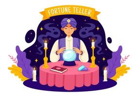 Fortune Teller Vector Illustration with Crystal Ball, Magic Book or Tarot for Predicts Fate and Telling the Future Concept in Flat Cartoon Background