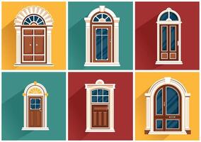 House Architecture Vector Illustration with Doors and Windows Various Shapes, Colors and Sizes in Flat Cartoon Background