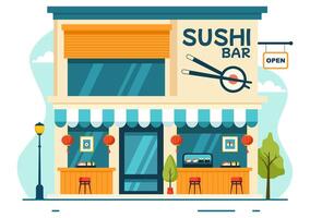 Sushi bar vector ilustración de Japón asiático comida o restaurante de sashimi y arroz para comiendo con soja salsa y wasabi en plano dibujos animados antecedentes