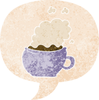 cartoon hot cup of coffee with speech bubble in grunge distressed retro textured style png