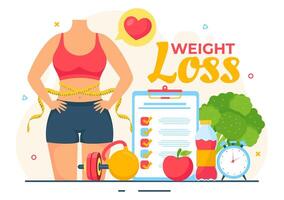 peso pérdida vector ilustración de mujer cuerpo transformación concepto con aptitud física, deporte, dieta y sano estilo de vida en plano dibujos animados antecedentes