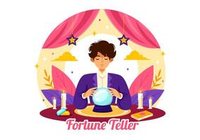 fortuna cajero vector ilustración con cristal pelota, magia libro o tarot para predice destino y narración el futuro concepto en plano dibujos animados antecedentes