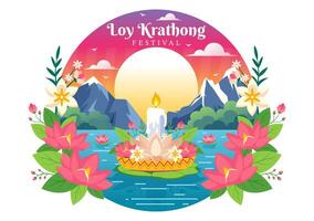 Loy Krathong Vector Illustration of Festival Celebration in Thailand with Lanterns and Krathongs Floating on Water Design in Flat Cartoon Background