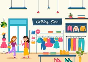 ropa Tienda vector ilustración por compras para ropa o vestidos para Moda estilos mujer o hombres en plano dibujos animados antecedentes diseño