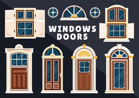 House Architecture Vector Illustration with Doors and Windows Various Shapes, Colors and Sizes in Flat Cartoon Background