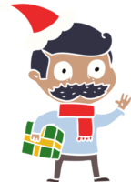 hand drawn flat color illustration of a man with mustache and christmas present wearing santa hat png