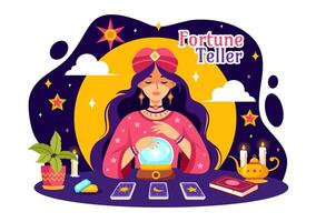 fortuna cajero vector ilustración con cristal pelota, magia libro o tarot para predice destino y narración el futuro concepto en plano dibujos animados antecedentes