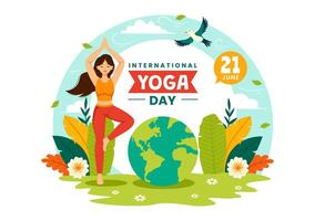 internacional yoga día vector ilustración en junio 21 con mujer haciendo cuerpo postura práctica o meditación en cuidado de la salud plano dibujos animados antecedentes