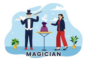 Magician Vector Illustration with Illusionist Conjuring Tricks and Waving a Magic Wand above his Mysterious Hat on a Stage in Flat Cartoon Background