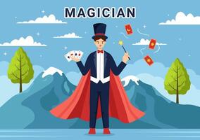 mago vector ilustración con ilusionista prestidigitación trucos y ondulación un magia varita mágica encima su misterioso sombrero en un etapa en plano dibujos animados antecedentes