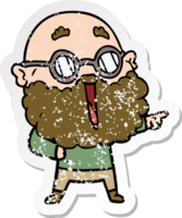 distressed sticker of a cartoon joyful man with beard pointing finger png