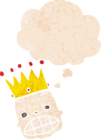 cartoon spooky skull face with crown with thought bubble in grunge distressed retro textured style png