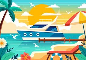 Yachts Vector Illustration with Ferries Cargo Boats and Ship Sailboat of Water Transport at the Beach in Sunset Flat Cartoon Background