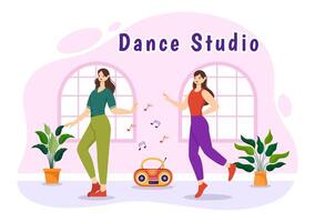 Dance Studio Vector Illustration with Dancing Couples Performing Accompanied by Music in Flat Cartoon Background Design