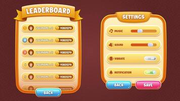 Game UI vector set - leaderboard and settings popups, buttons, coin, badges and slider for building 2d games on mobile and web. This all-inclusive graphical user interface GUI set is in a soft style.