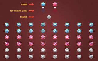 conjunto de redondo botones modelo para edificio 2d juegos en móvil y web. redondo botones con Tres ver - normal, grifo y desactivado. esta todo incluido gráfico usuario interfaz gui conjunto es en un suave estilo. vector