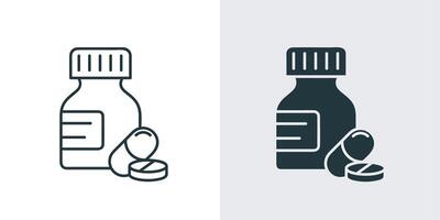 medicine bottle and capsule line and solid icon. multivitamin, painkiller, capsule dose, pictogram for healthcare vector illustration