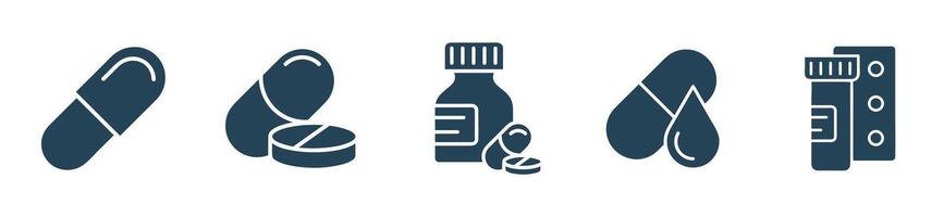 farmacéutico medicina y píldora sólido icono. conjunto de medicina iconos, pastillas, cápsulas, fármaco almacenar, farmacia vector
