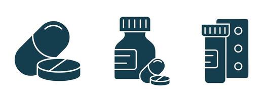 medicine dosage solid icon vector. painkiller pills drug bottles blister illustration. for clinic, pharmacy, drugstore vector