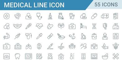Set of medical and healthcare line icons vector. icons such as medicine, injection, x-ray, bone, tooth, and hospital illustration vector