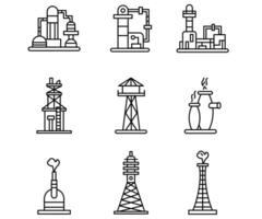 Vector line icon set oil industry building. Factory engineering symbol and outline manufacturing station. Chemical power industrial storage and warehouse gasoline pipe