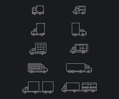 Vector line delivery truck icon set. Outline transportation symbol and service package business. Logistic cargo container van and industry shipment car. Export and tracking deliver