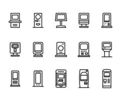 Vector black line icon set kiosk terminal. Service interactive digital payment machine pictogram. Screen computer for order and business symbol. Airport ATM banking panel for travel