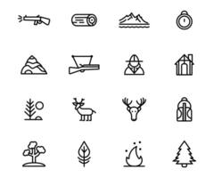 Vector line icon set hunting. Outline illustration symbol camping forest and mountain, animal, wildlife. Hunter tool and weapon tourist collection. Safara and journey for nature