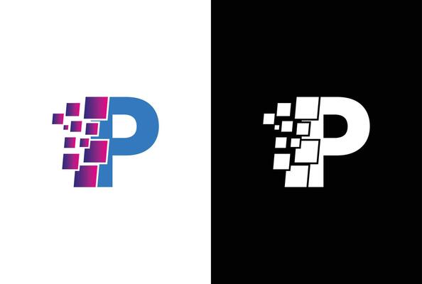 Initial Letter P digital pixel logo design template element. Letter P Pixel logo, Triangle, Blue color, Technology and digital logotype.