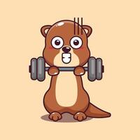 Cute otter lifting barbell cartoon vector illustration.