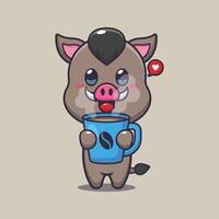 Cute boar with hot coffee cartoon vector illustration.