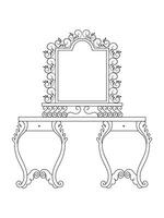 Dressing table and other furniture. Dressing room in outline style. Interior room with mirror vanity makeup and accessories. Vector illustration.